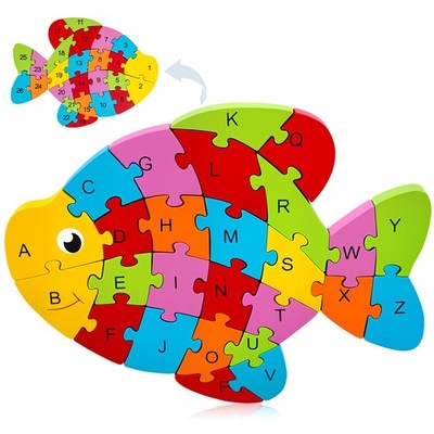 Lovestown Goldfish Wooden Puzzle for Kids, Alphabet and Number Jigsaw Puzzle Mon