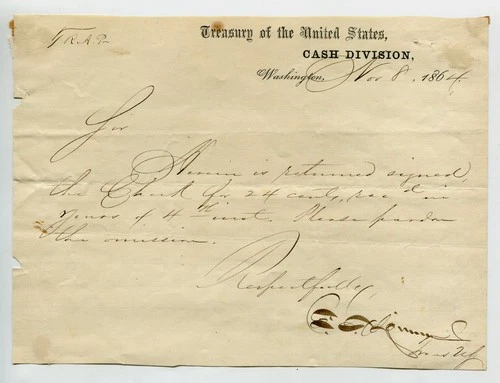 Francis E. Spinner, Treasurer of the U.S., Civil War, Signed Document, 1864