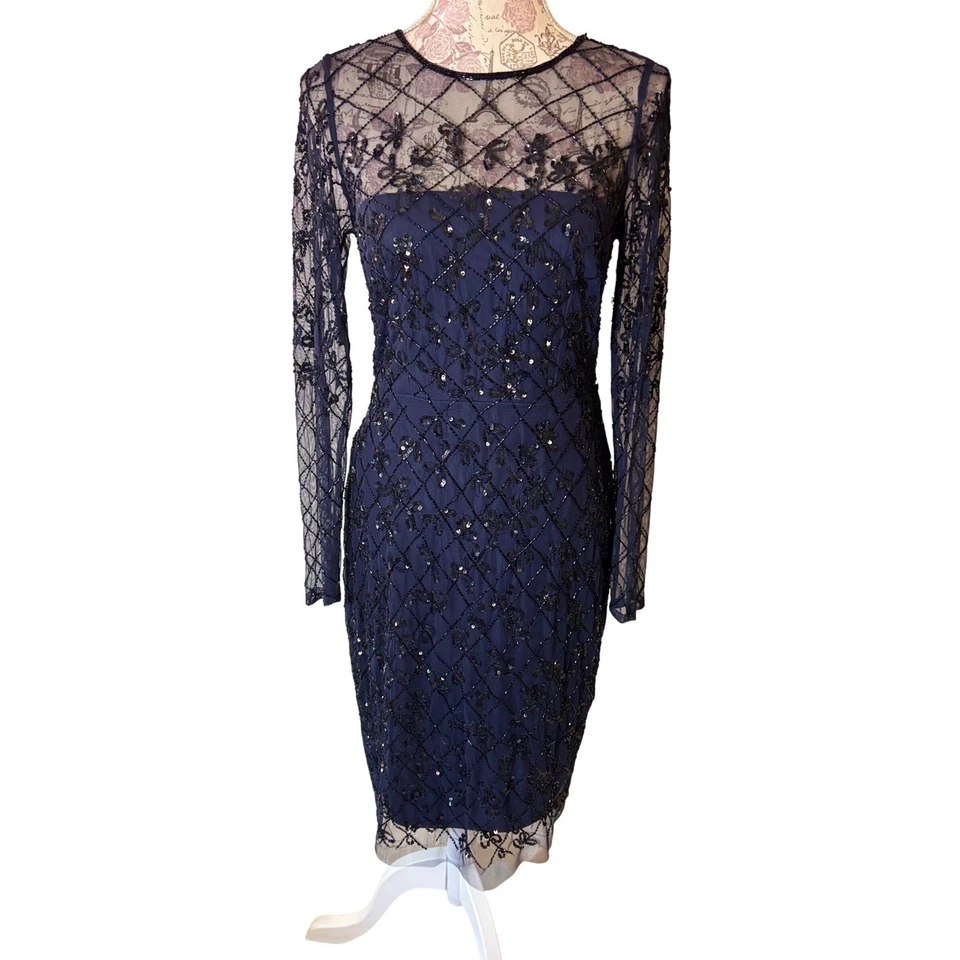 Vestido de cóctel Adrianna Papell azul marino con cuentas lentejuelas manga larga talla 2/4 Foto 2 de 4