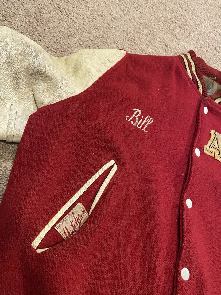 Chaqueta Letterman Universitaria Vintage Años 50 60 Cuero Rojo Lana Bombardero Talla Mediana EE. UU. Foto 4 de 4