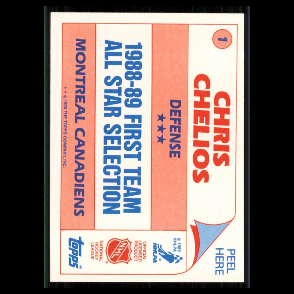 Chris Chelios #1 1989 Topps Sticker Inserts Montreal Canadiens Hockey Card NHL - Image 2 of 3