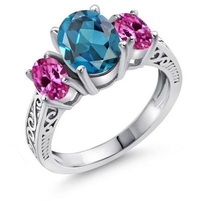2.80 Ct Oval London Blue Topaz Pink Created Sapphire 925 Sterling Silver Ring