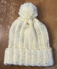 Hand Knit Women s Beanie With Pom Pom - White Ivory Off White 8 x 12