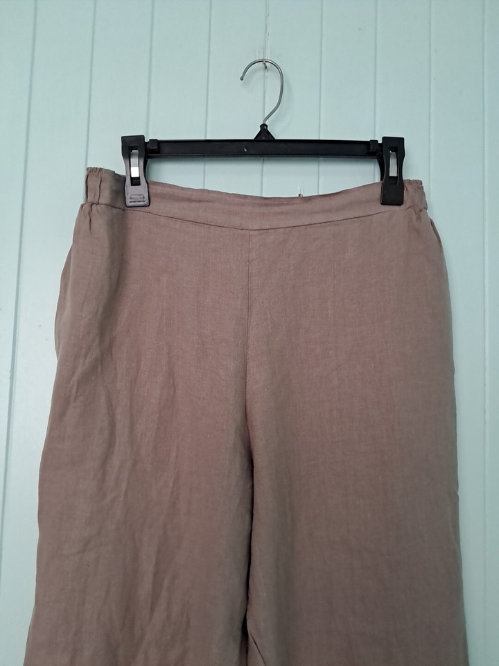 Pure Match Sz L Made In USA Cropped Loose Fit Linen Pants Pockets Brown