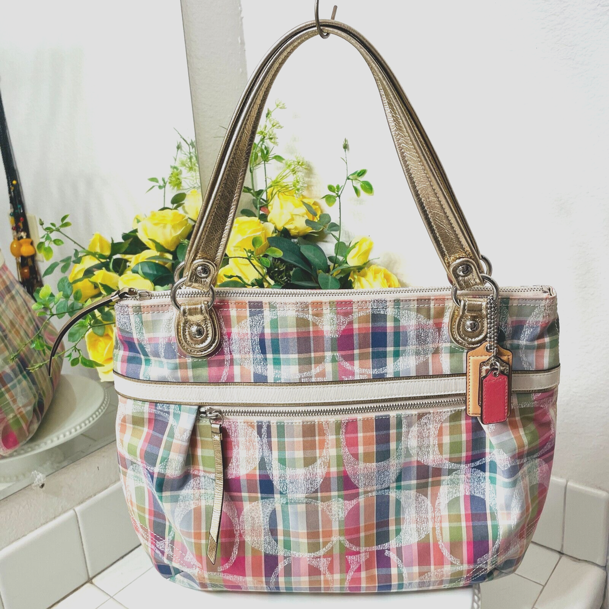 Coach 19611 Madras Signature Sequin Shoulder Tote Bag Pink Pastel