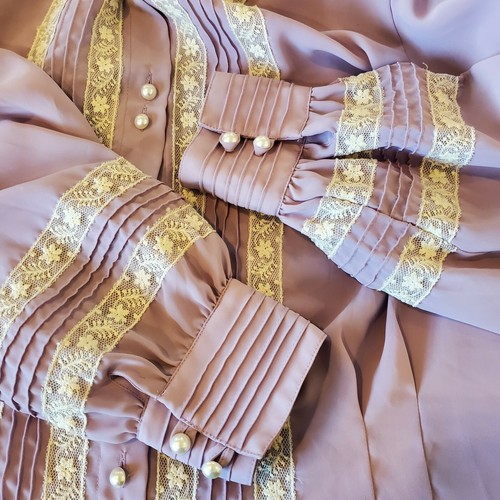 Blusa Secretaria Vintage Lila Púrpura Transparente Manga Larga Encaje Perlas Talla Mediana - Imagen 6 de 11