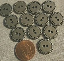 12 Dark Silver Tone Metal 2-hole Sew-through Buttons 9/16" 15mm 2861