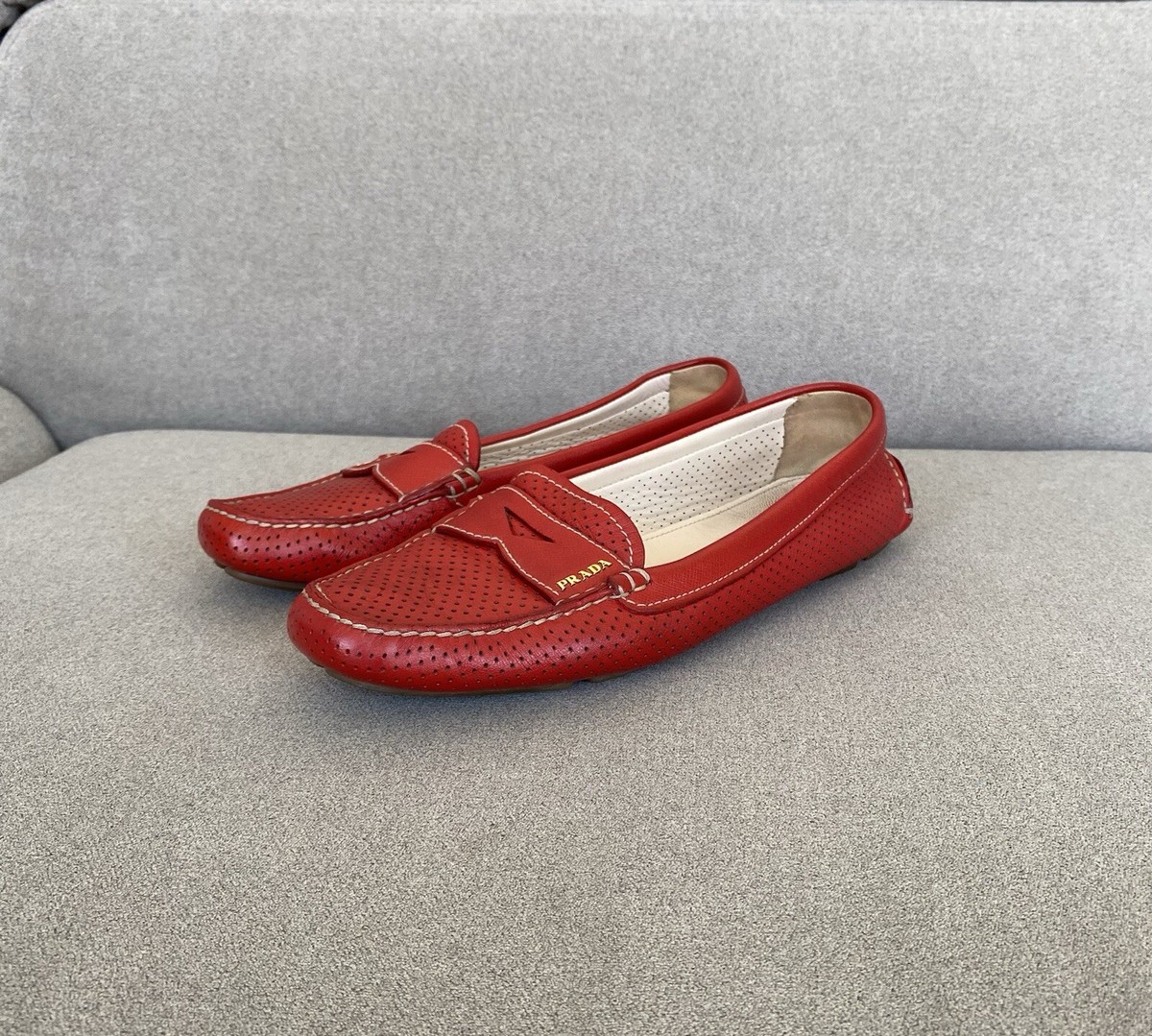 Men’s PRADA Penny Loafers Red/Navy Perforated Leather Prada Red Perforated Leather Penny Slip On Loafers Size 40 1  main image 2