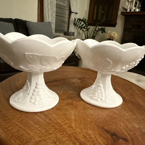 Vintage Indiana Colony Milk Glass Harvest Candlesticks - Grapes & Leaves Design