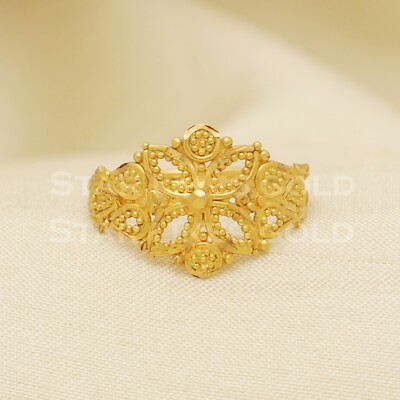 Solid 18K Yellow Gold Filigree Floral Shield Ring Hallmark