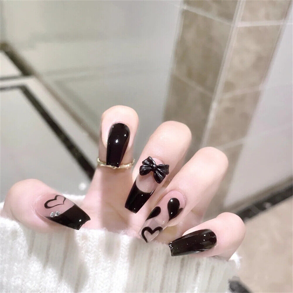 French Black Heart False Nail Long Coffin Press on Nails for Nail ...