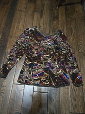 Vtg Black Tie Heavy Sequin Beaded Long Sleeve Evening Top Blouse Sz M EUC