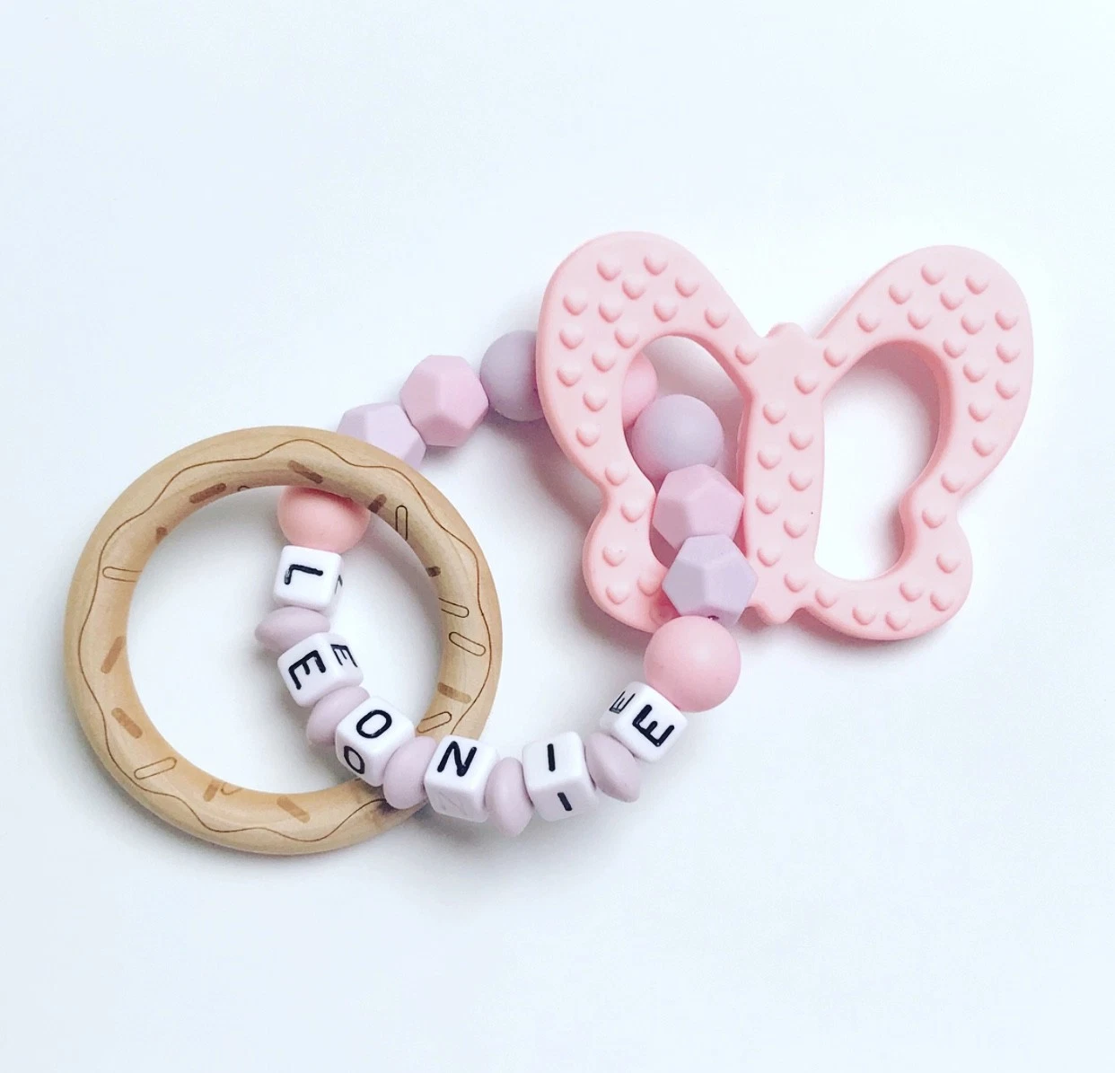 Teething Ring Gripping Grasping Toy Silicone with Name Custom Butterfly Pink