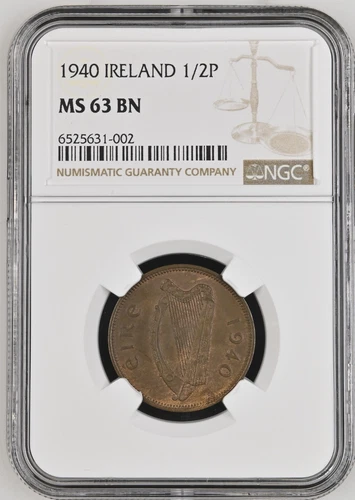 1940 IRELAND 1/2 PENNY NGC MS63 BN RARE KEY DATE NGC ONLY 3 FINER