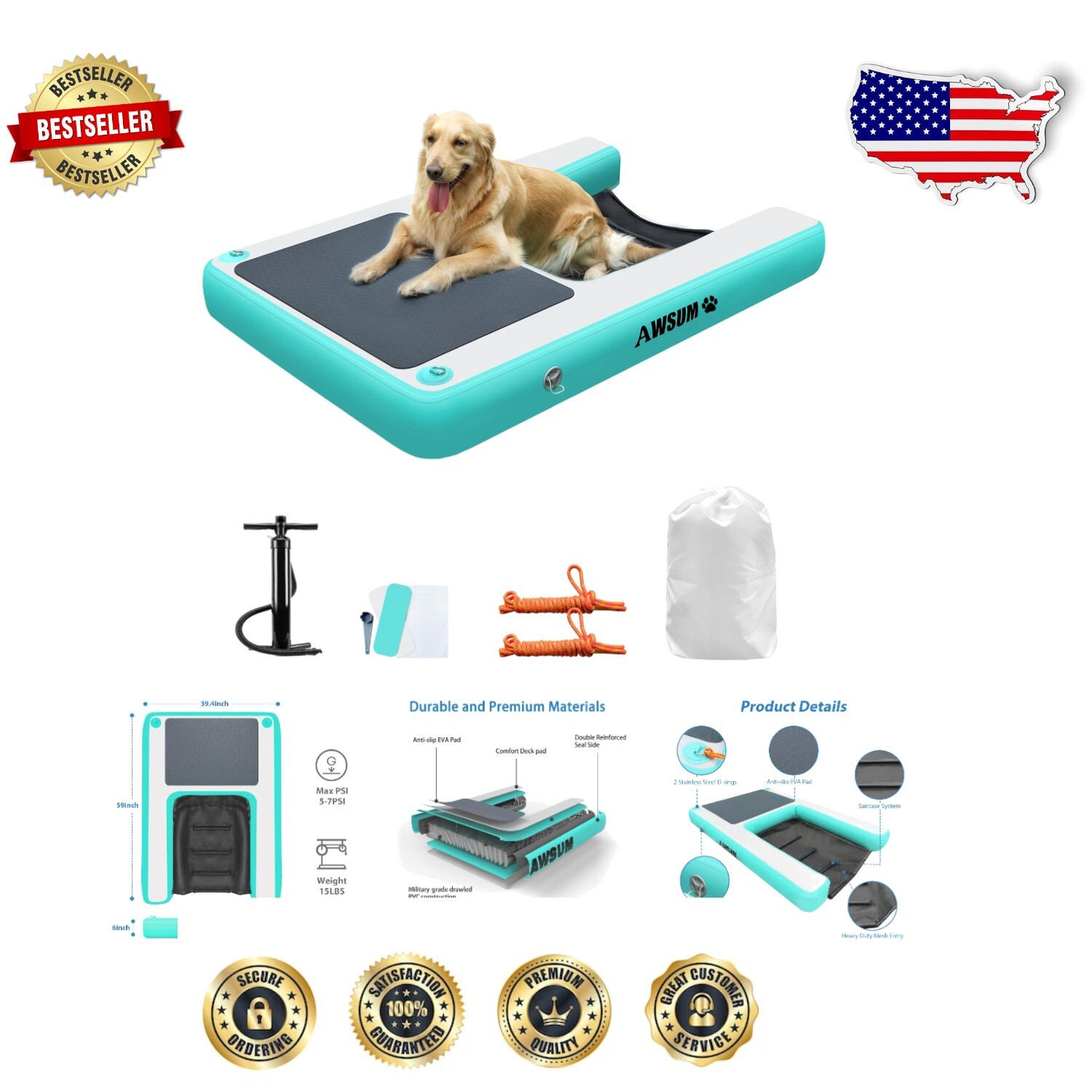 Inflatable Dog Ladder for Water Adventures - XL 150lb Capacity with Carry Bag