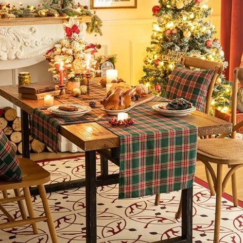 Christmas Table Runner, Winter Holiday Table Runners 72 Green Red Plaid 13x72" - Image 3 of 4