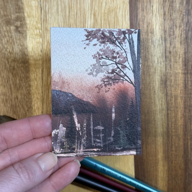 ACEO original, landscape, Abstract, Mountain, Trees, Red, Watercolor, Collection