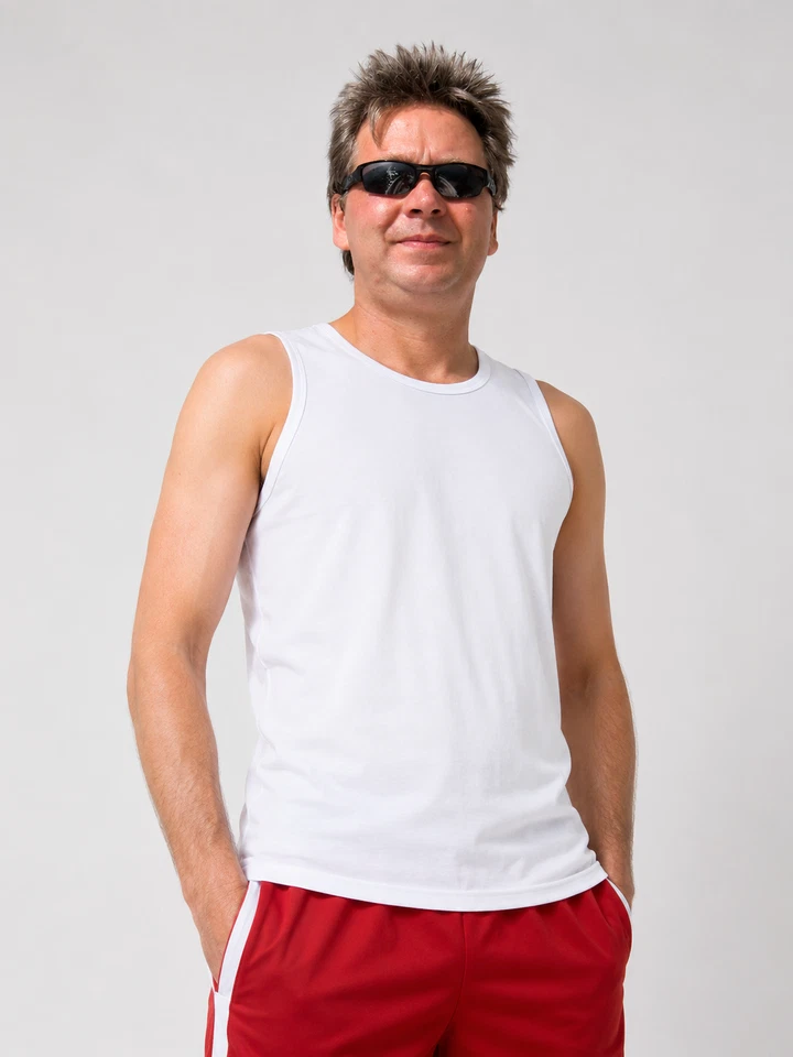Jerzees Débardeur Sportif Blanc En Cotton À Dos Musclé Avec Bord Gris/Bleu - Photo 1/3