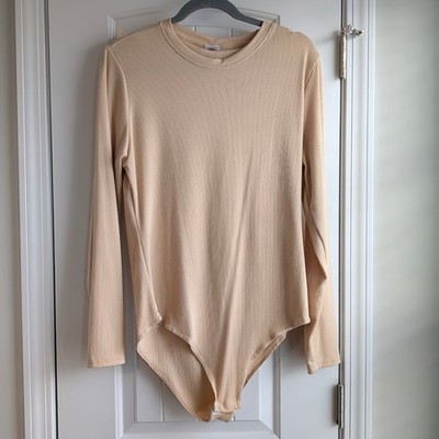 RealEssentials 1x Women's Round Neck Long Sleeve Ribbed Bodysuit Shirt Top Tan