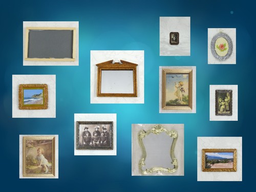 dollhouse/miniature wall art, wall mirrors, photographs, chalkboard