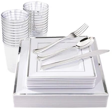 150 Pieces Silver Square Dinnerware & Disposable Silverware & Plastic Cups - ...