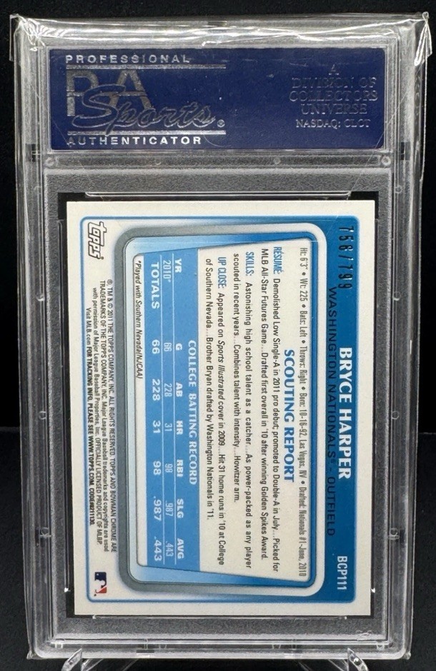 2011 Bowman Chrome Prospects Purple Refractor 756/799 Bryce Harper #BCP111 PSA 9 view 2