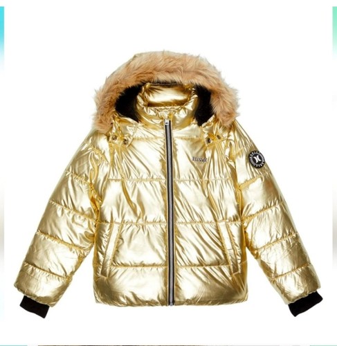 Hurley girls metallic gold and black winter puffer jacket faux fur lined - Picture 1 of 2