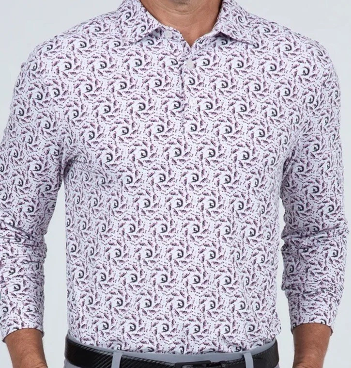 NWT $100 IBKUL L Big Wave Pink Charcoal Long Slv Polo Shirt UPF 50+ Icefil Tech