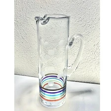 VTG HandBlown Art Glass Cocktail Pitcher Etched Polkadots & Multicolor Stripes