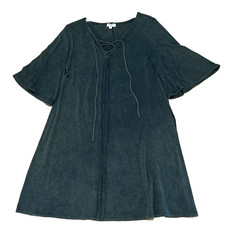 Umgee S Green Acid Washed Jersey Knit Shift A-line Lace up V-neck Bell Slv EUC