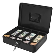 Black Cash Box with Money Tray, 2 Keys, Lock Box w/ Removable 9 Compartment