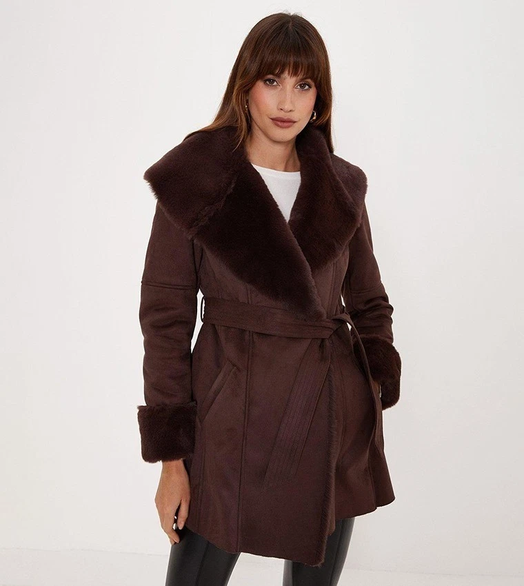 OASIS Follow Faux Shearling Collar Belted Short Women's Coat Chocolate UK14 - Image 2 of 4