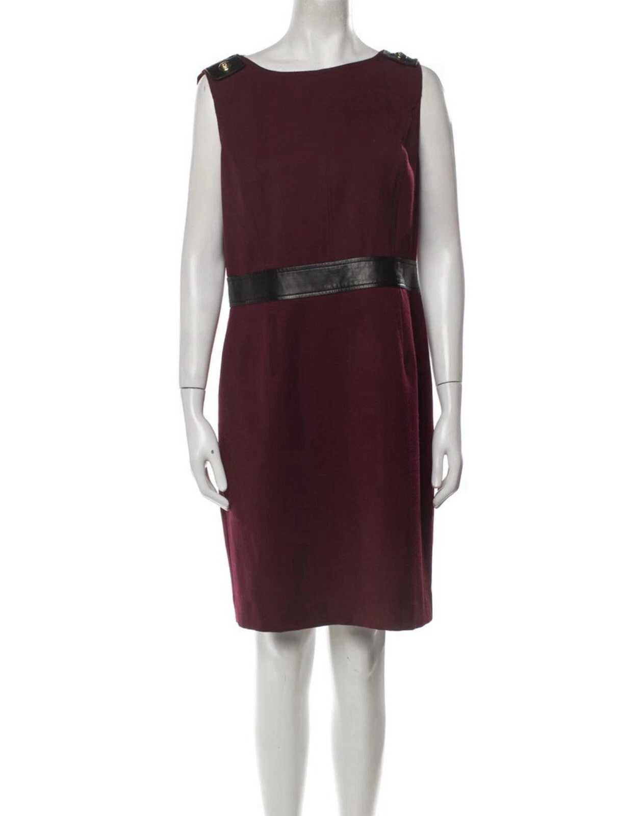 Abito senza guaina Tory Burch finiture in pelle misto lana vino accenti dorati 12