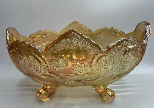 Vintage Carnival Glass Bowl Footed Fruit Bowl Oval Marigold With Pink Hues