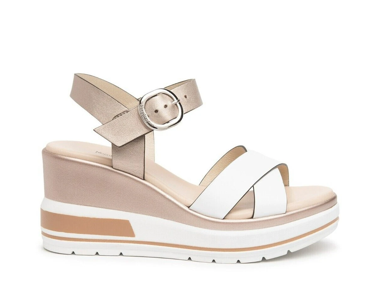 SANDALI CON ZEPPA NERO GIARDINI DONNA IN PELLE BIANCO E ORO ART