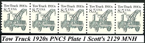 Tow Truck 1920s Transportation Coil MNH PNC5 Strip of 5 Plate 1 Scott 2129 - 第 1/2 張圖片