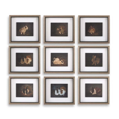 NINE RESTING BUNNY FRAMED PRINTS UNDER GLASS WALL ART PICTURES UTTERMOST 32386 - Picture 1 of 7