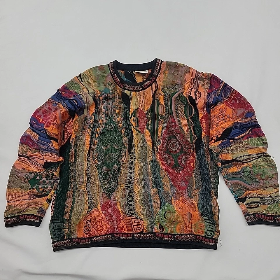 Coogi Australia Mercerised Cotten Sweater Embossed Knit Earthtone abstract LARGE - Image 2 of 4