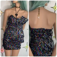 Y2K Rainbow Sequin Party Mini Dress Maximalist Glam - Small