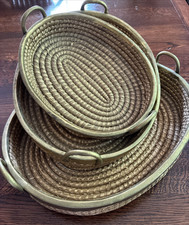 SET OF 3 WOVEN DESIGNER RATTAN BASKETS WITH BRASS RIMS AND HANDLES BEAUTIFUL