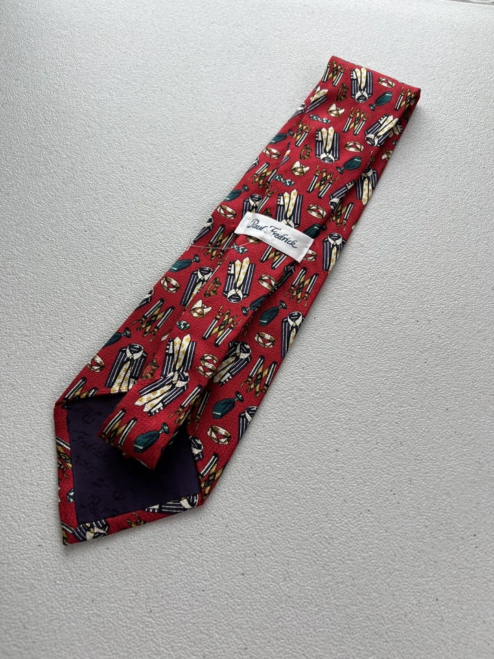 Paul Fredrick Red Clothes Pattern 100% Silk Hand Tailored Designer Tie - Image 4 of 4