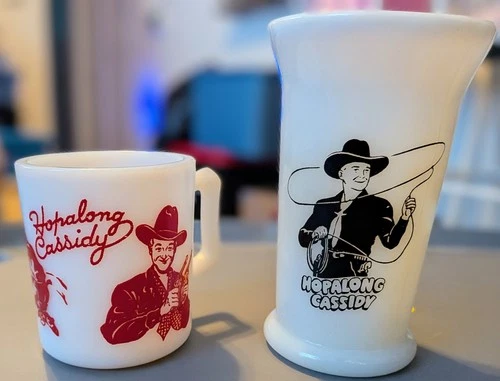 Vintage 1950s Hopalong Cassidy Milk Glass Mug Red Hazel Atlas & A Hoppy Tumbler