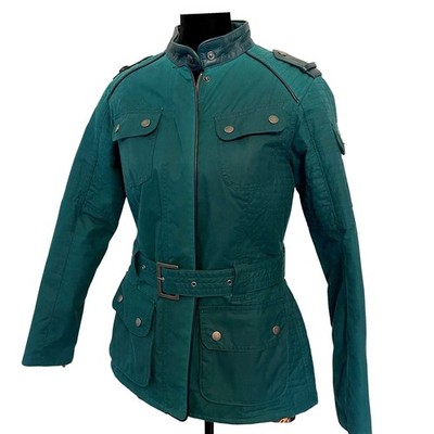 Barbour International Black Streak Jacket Womens Green Waxed Cotton Moto Belted