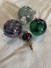 Lot Of 4 Handblown Glass Balls Green Blue Multi Color Ornaments
