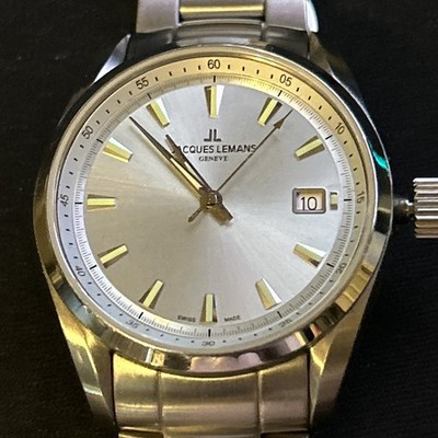 Jacques Lemans Geneve Swiss Made Watch Silver Dial Stainless Steel Date Quartz