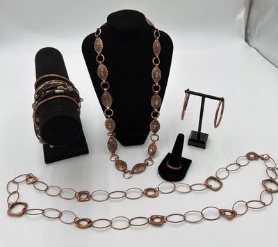 Mixed Lot of 7 Copper & Fashion Jewelry Pieces, Calinana Bracelet Inscribed Cuff