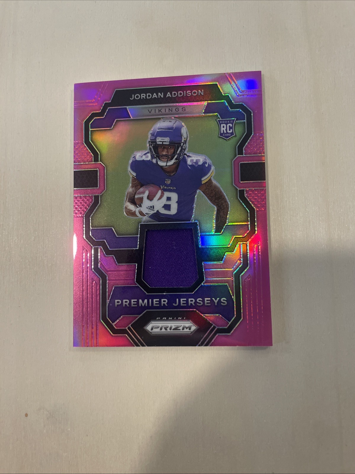 Jordan Addison 2023 Panini Prizm Pink Prizm Rookie Premier Jersey PJ-JA Vikings