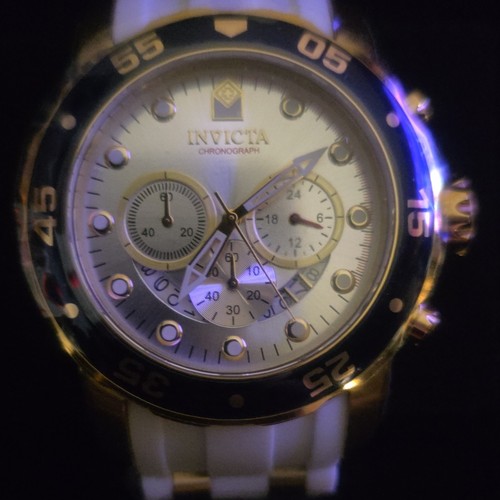 Invicta Chronograph Sport Quartz Watch Gold SS Case Silver Dial White Strap