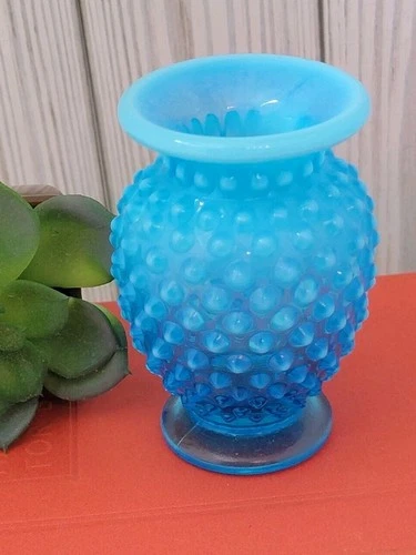 Fenton Blue Opalescent Hobnail Small Vase 3 Inch Tall Floral Arrangements Decor