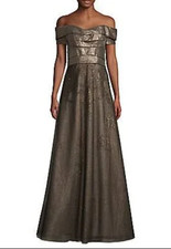  1730 Rene Ruiz Neiman Marcus Sz 12 Off The Shoulder Golden/Black Gown